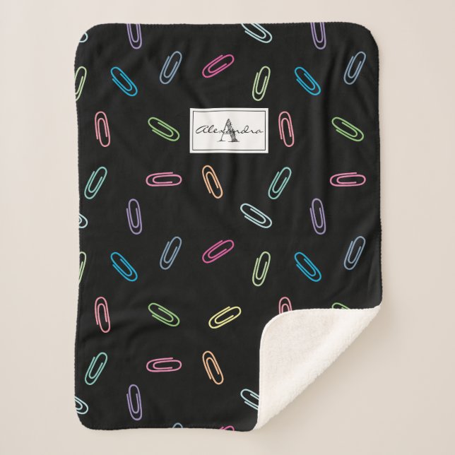 Colorful Cute Pastel Paper Clips Pattern Monogram Sherpa Blanket (Front)