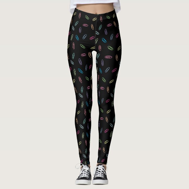 Colorful Cute Pastel Paper Clips Pattern on Black Leggings (Front)