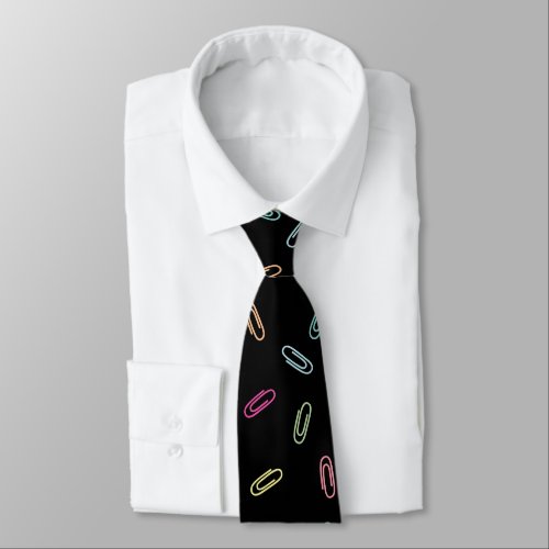 Colorful Cute Pastel Paper Clips Pattern on Black Neck Tie