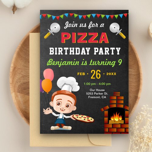 Colorful Cute Pizza Kids Birthday Party Invitation