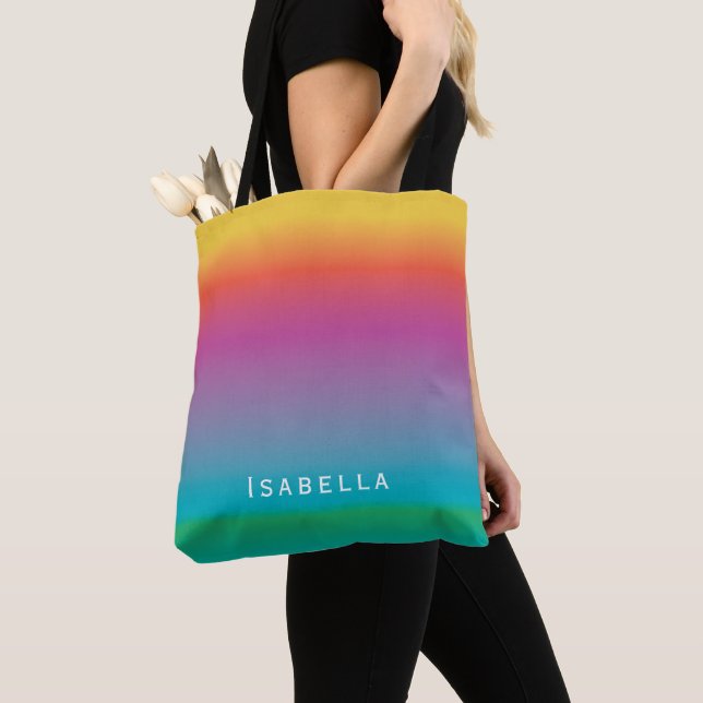 Colorful Cute Rainbow Gradient Ombre Monogram Tote Bag (Close Up)