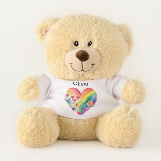 Colorful Cute Rainbow Heart Personalized Name Teddy Bear (Front)