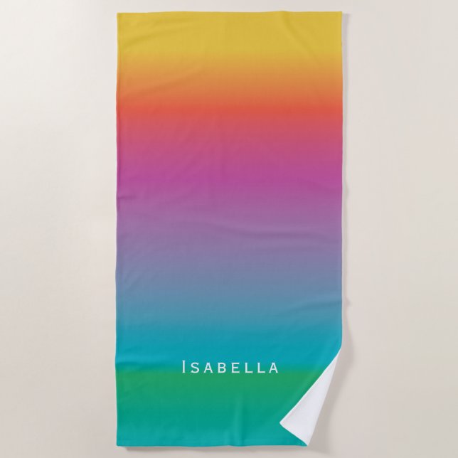 Colorful Cute Rainbow Ombre Watercolor Monogram Beach Towel (Front)