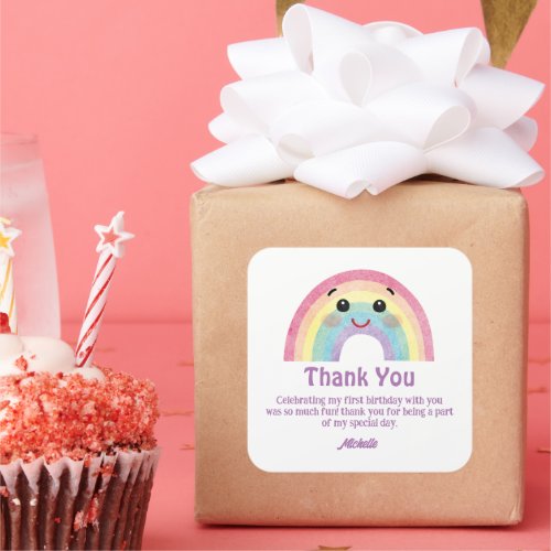 colorful cute rainbow thank you girl 1st birthday square sticker