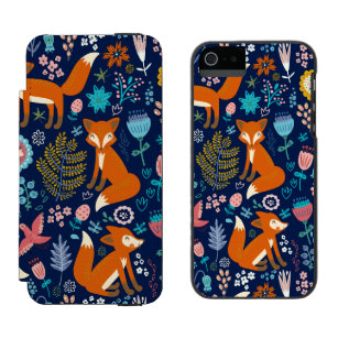 Colorful Cute Red Foxes & Flowers Wallet Case For iPhone SE/5/5s