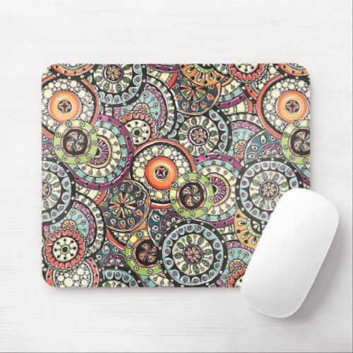 Colorful Cute Retro Chic Floral Circles Pattern Mouse Pad