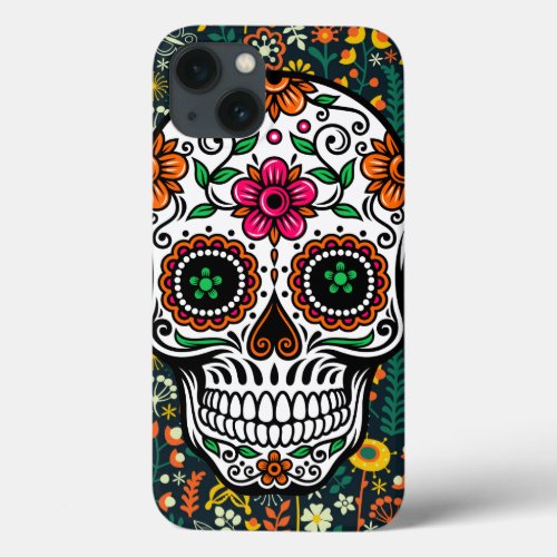 Colorful Cute Retro Floral Sugar Skull iPhone 13 Case