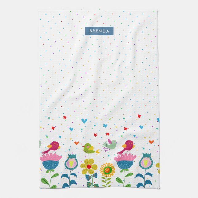 Colorful cute retro flowers & birds kitchen towel (Vertical)