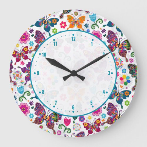 Colorful Cute Retro Flowers  Butterflies Pattern Large Clock