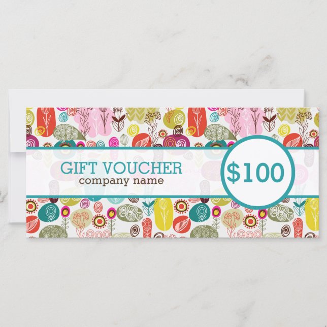 Colorful Cute Retro Flowers Gift Voucher (Front)