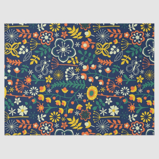 Colorful Cute Retro Flowers & Leafs Pattern Tissue Paper (Front)
