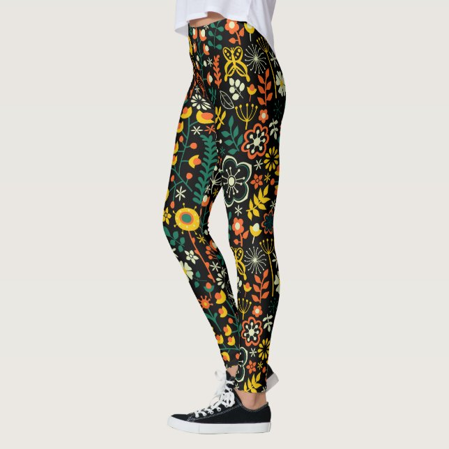 Colorful Cute Retro Flowers Pattern Leggings (Left)