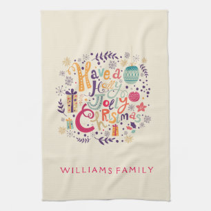 Colorful Cute Retro Holly Jolly Christmas Kitchen Towel