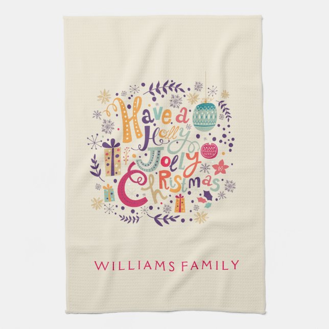 Colorful Cute Retro Holly Jolly Christmas Kitchen Towel (Vertical)