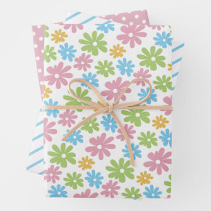 Colorful Cute Retro Spring Flower Art Pattern Wrapping Paper Sheets