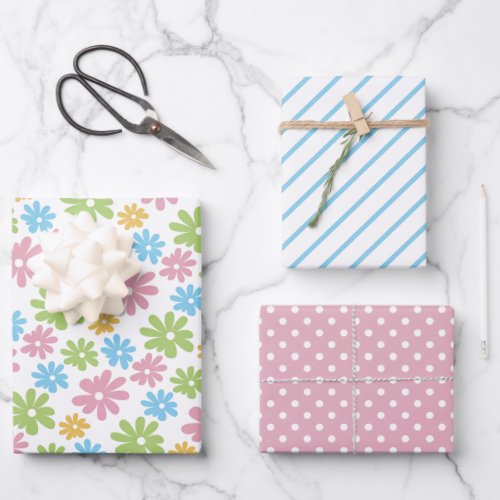 Colorful Cute Retro Spring Flower Art Pattern Wrapping Paper Sheets