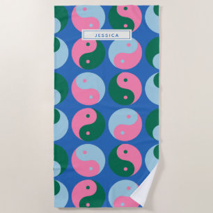 Colorful Cute Retro Yin Yang Blue Personalized Beach Towel