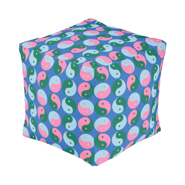 Colorful Cute Retro Yin Yang Pattern Blue Green Pouf (Angled Back)