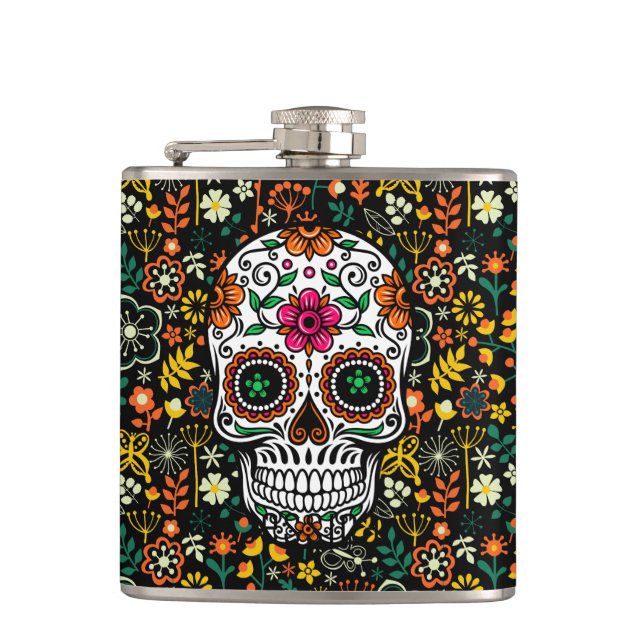 Colorful Cute Sugar Skul And Retro Flowers Hip Flask (Front)