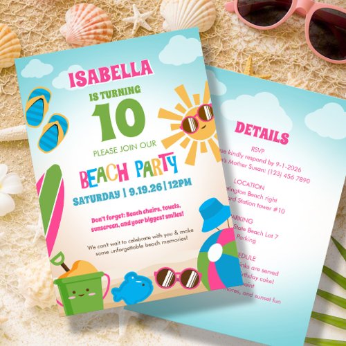 Colorful Cute Theme Beach Birthday Party Invitation