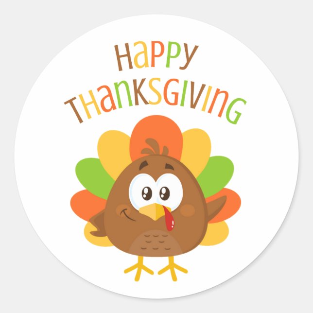 Colorful Cute Turkey Fall Happy Thanksgiving Classic Round Sticker (Front)