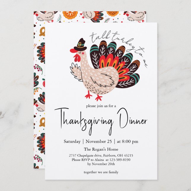 Colorful Cute Turkey Thanksgiving Dinner Invitation (Front/Back)