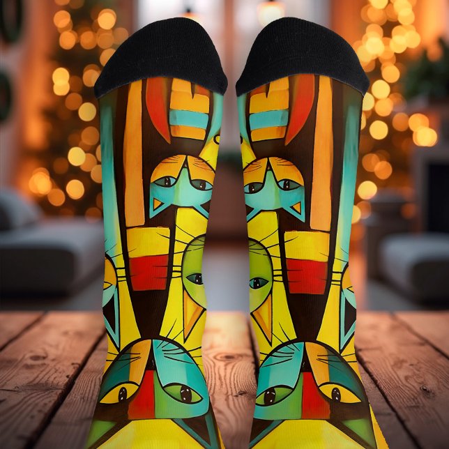 Colorful Cute Whimsical Art Cat Socks (Artistic socks featuring a fun colorful painting with cute cats. Nice surprise for Christmas)