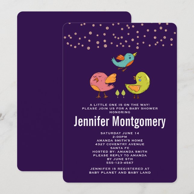 Colorful Cute Whimsical Birds Baby Shower Invitation (Front/Back)