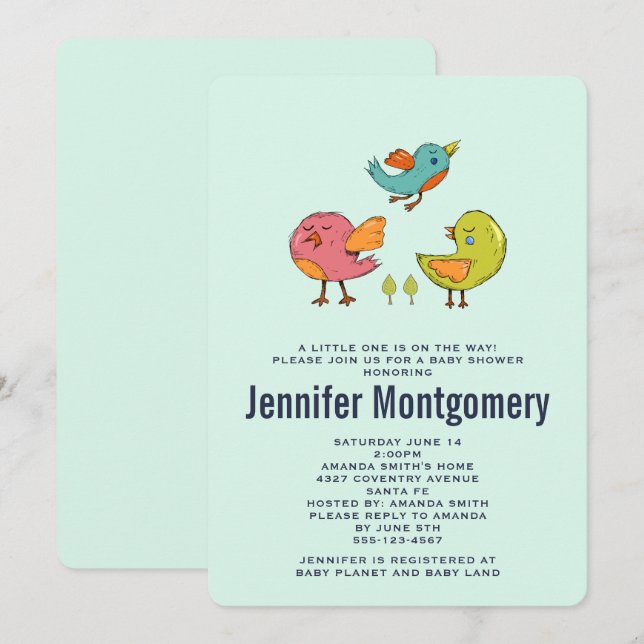 Colorful Cute Whimsical Birds Baby Shower Invitation (Front/Back)