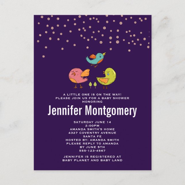 Colorful Cute Whimsical Birds Baby Shower Postcard (Front)