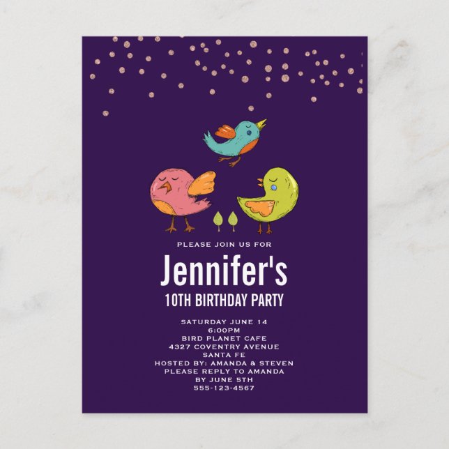 Colorful Cute Whimsical Birds Birthday Postcard (Front)