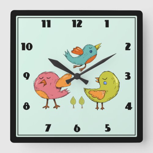 Colorful Cute Whimsical Birds Square Wall Clock