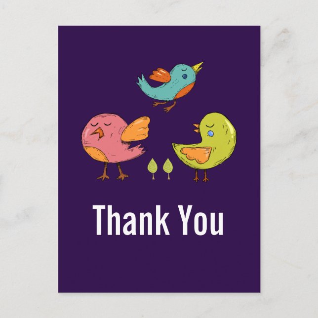 Colorful Cute Whimsical Birds Thank You Postcard (Front)