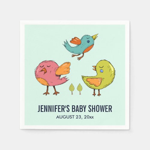 Colorful Cute Whimsical Birds Trio Baby Shower Napkins