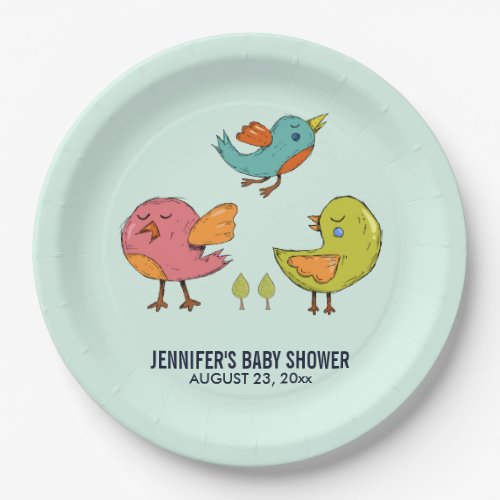 Colorful Cute Whimsical Birds Trio Baby Shower Paper Plates