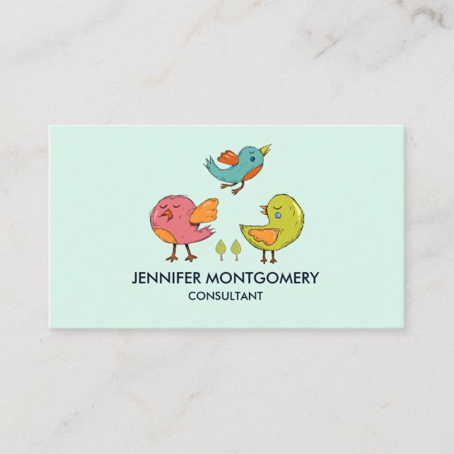 Colorful Cute Whimsical Birds Trio Business Card (Front)