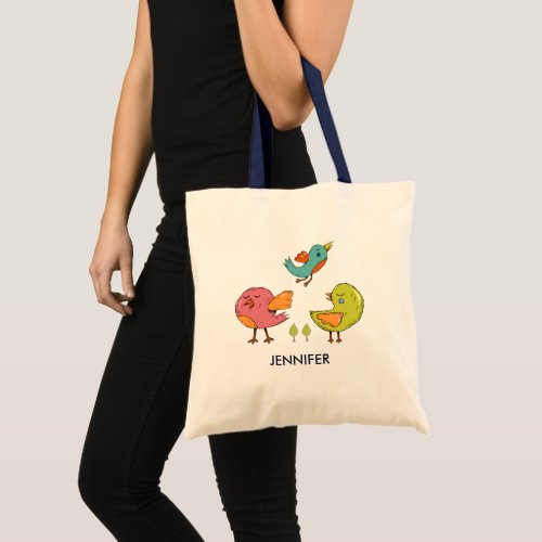Colorful Cute Whimsical Birds Trio Tote Bag