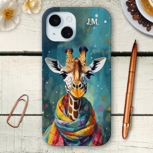 Colorful Cute Whimsical Giraffe Case-Mate iPhone Case (Phone case featuring a colorful painting of a giraffe with scarf. You can add your custom initials)