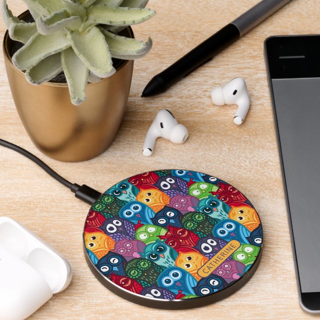 Colorful Cute Whimsical Owls Personalized Name Wireless Charger (Desk 2)