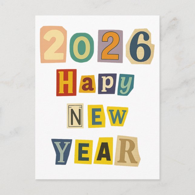 Colorful Cutout "2026 Happy New Year" Collage Invitation Postcard (Front)