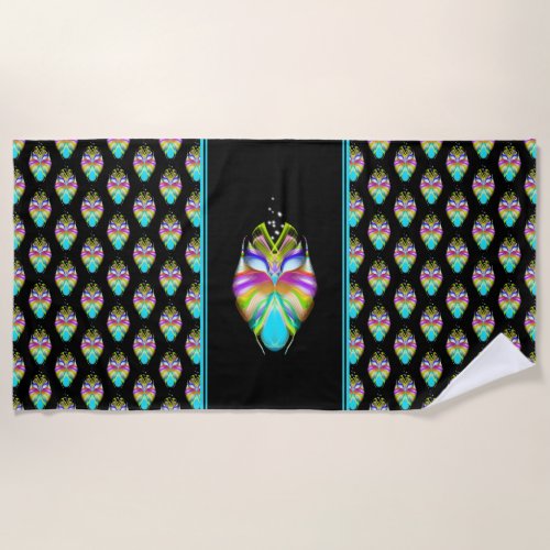 Colorful Cyan and Black Oracle Owl Beach Towel