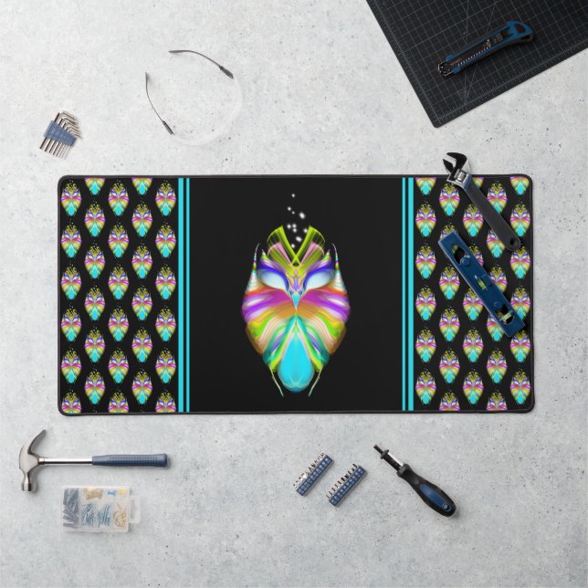 Colorful Cyan and Black Oracle Owl Desk Mat (Workstation)