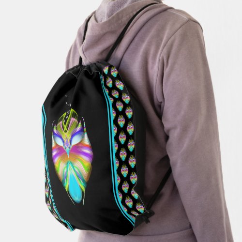 Colorful Cyan and Black Oracle Owl Drawstring Bag