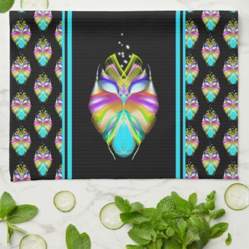 Colorful Cyan and Black Oracle Owl Kitchen Towel