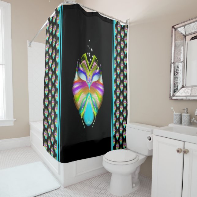 Colorful Cyan and Black Oracle Owl Shower Curtain (In Situ)