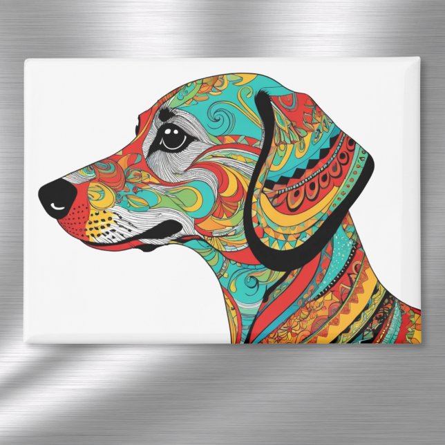 Colorful Dachshund Groovy Patterned Sausage Dog Magnet (A magnet with vibrant illustration of a dachshund in a groovy patterned style)