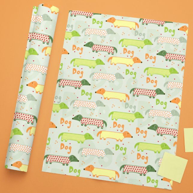 Colorful Dachshund Illustration Cute Dog Pattern Wrapping Paper (Creator Uploaded)