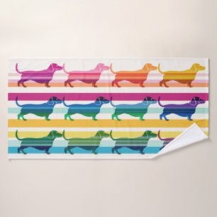 Colorful Dachshund Pattern Retro Stripes Bath Towel