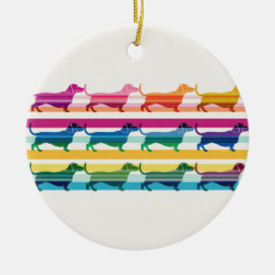 Colorful Dachshund Pattern Retro Stripes Ceramic Ornament