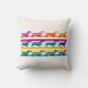 Colorful Dachshund Pattern Retro Stripes Throw Pillow